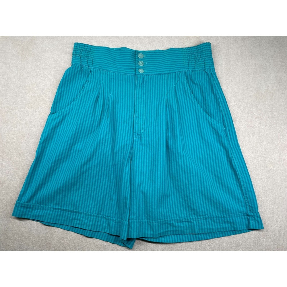 Vintage Cache Shorts Womens L Blue Striped Cotton High Rise 80s 90s Pleated